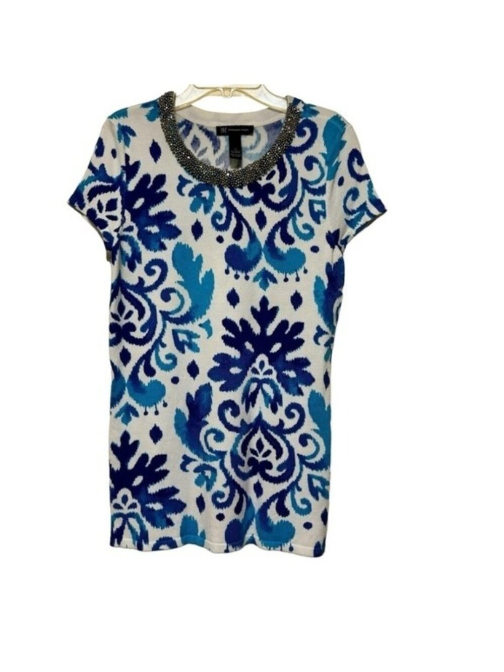 INC Beaded Collar Ikat Top Womens Blue White Print Artsy Size Small